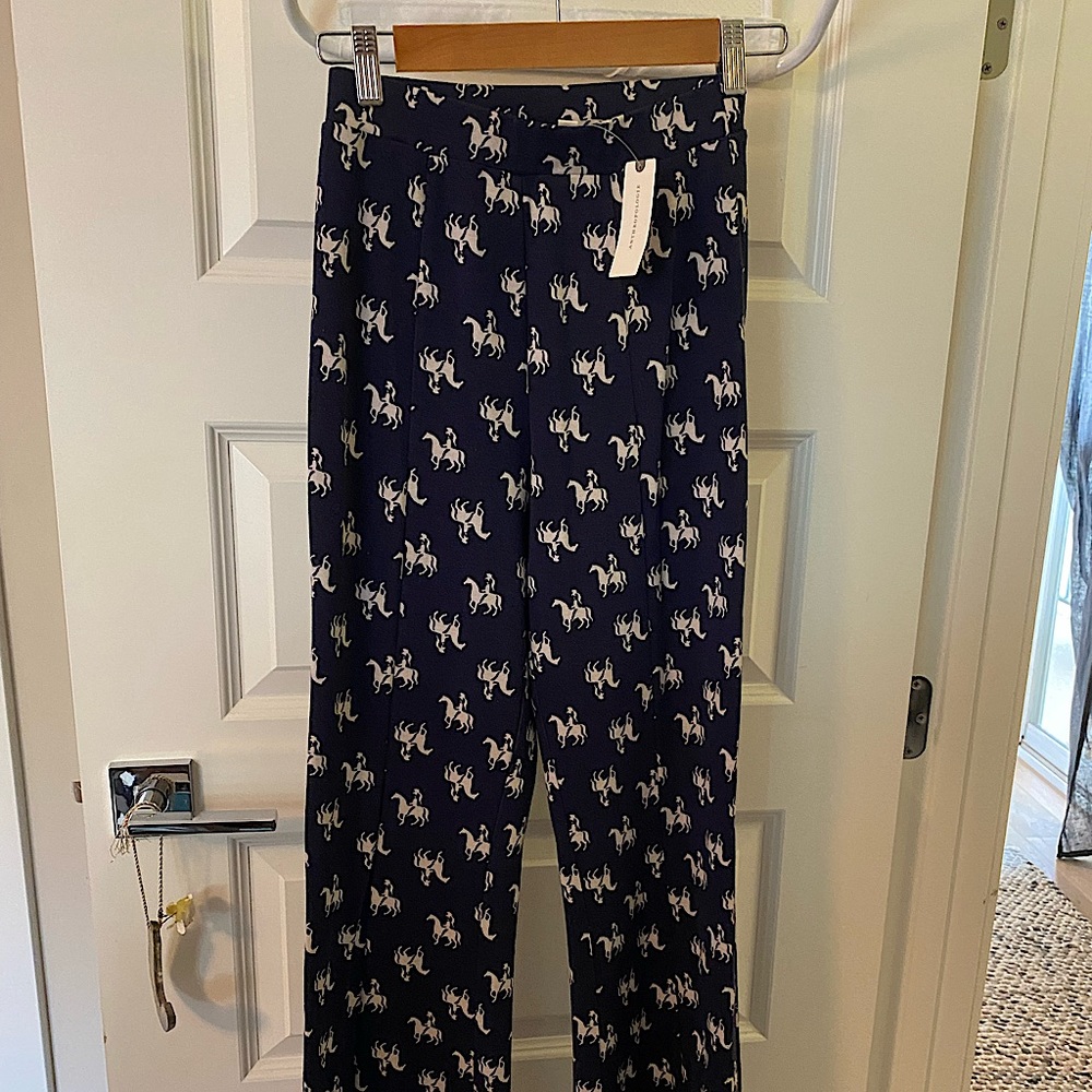 NWT Navy Blue and Creme Anthropologie Horse Print Pants